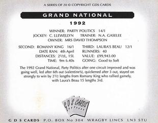 2000 GDS Cards Grand National Winners 1976-1995 #1992 Party Politics Back
